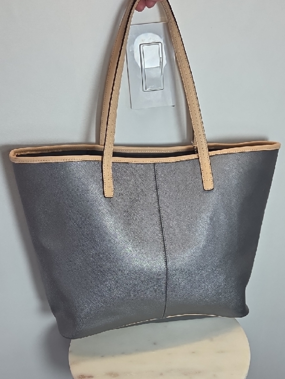 Coach Gray Metro Large Leather Tote with Tan Trim and Shoulder Straps - Picture 2 of 11